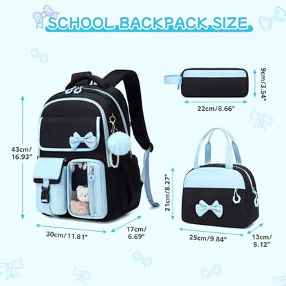 Girls Backpack, School Backpack for Girls, Cute Bow Kids Bookbag for Grils Children Teens for Elementary Middle High School Student, Back To School, Black Blue 3pcs - color: Black Blue-3pcs