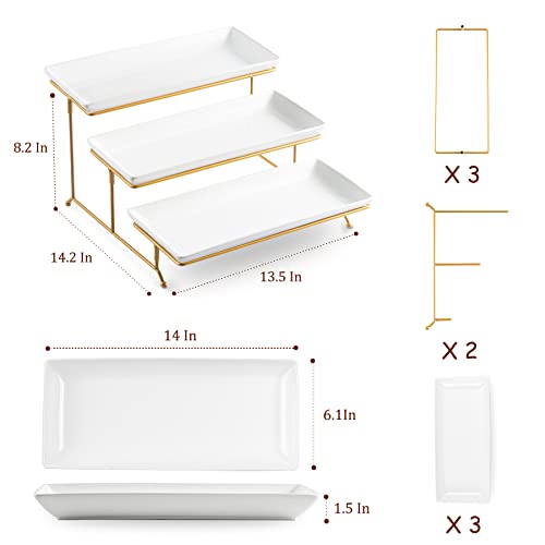 LYEOBOH 3 Tier Serving Stand and Platters Set Large Tiered Serving Platters with Collapsible Sturdier Rack 14 Inches Tiered Serving Tray for Appetizer Fruit, Dessert and Cupcake, White - color: Gold, style: 14inch Rectangle platter