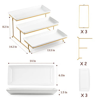LYEOBOH 3 Tier Serving Stand and Platters Set Large Tiered Serving Platters with Collapsible Sturdier Rack 14 Inches Tiered Serving Tray for Appetizer Fruit, Dessert and Cupcake, White - color: Gold, style: 14inch Rectangle platter
