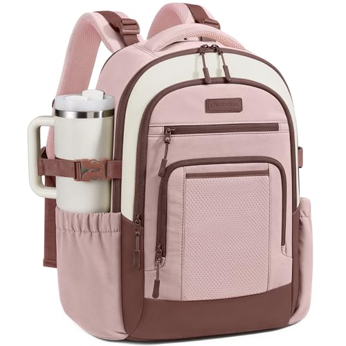 LOVEVOOK Laptop Backpack for Women with Large Cup Holder,15.6 Inch Work Computer Bag with Chest Buckle Back Pad Shoulder Buckle,Waterproof Business Backpack College Teacher Bag for Gift Travel - color: Off White-pink-brown, size: 15.6 Inch