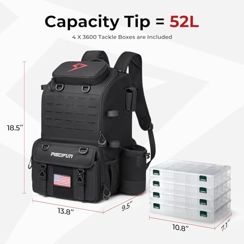 Piscifun 52L Fishing Tackle Backpack with Rod Holders & 4 Tackle Boxes, Large Tackle Bag for Gear Storage with Rain Cover - color: Black