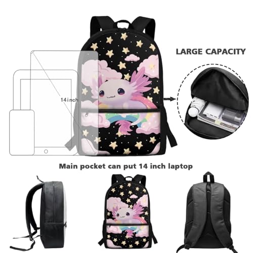 ZDCUSTOM Pink Axolotl Backpack for Kids for School 6-8 Girls Cute Elementary Student Book Bag with Lunch Box, Pencil Case, Water Bottle Cover, Keychain, Girls Preschool Back Pack 5PCS - color: Rainbow Axolotl