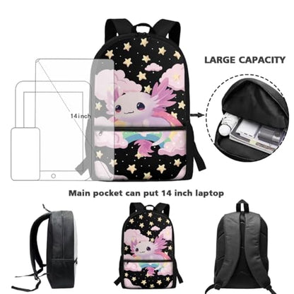 ZDCUSTOM Pink Axolotl Backpack for Kids for School 6-8 Girls Cute Elementary Student Book Bag with Lunch Box, Pencil Case, Water Bottle Cover, Keychain, Girls Preschool Back Pack 5PCS - color: Rainbow Axolotl