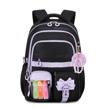 Girls Backpack, 17-Inch Bookbag for Middle & Elementary School, Kawaii Kids Backpack for Girls Ages 6-12(Black Purple) - color: Black Purple