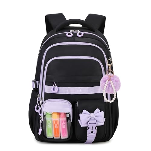 Girls Backpack, 17-Inch Bookbag for Middle & Elementary School, Kawaii Kids Backpack for Girls Ages 6-12(Black Purple) - color: Black Purple