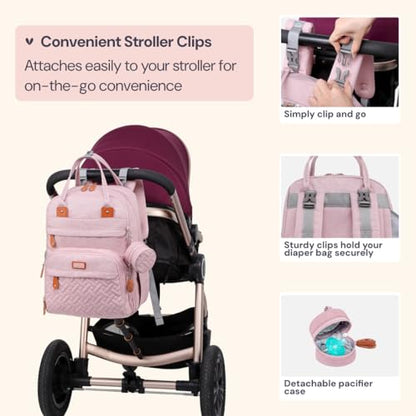 BabbleRoo Diaper Bag Backpack - Baby Essentials Travel Tote - Multi function Water Resistant Diaper Bag, Travel Essentials Baby Bag with Changing Pad, Stroller Straps & Pacifier Case - Unisex, Pink - color: Pink, size: Large