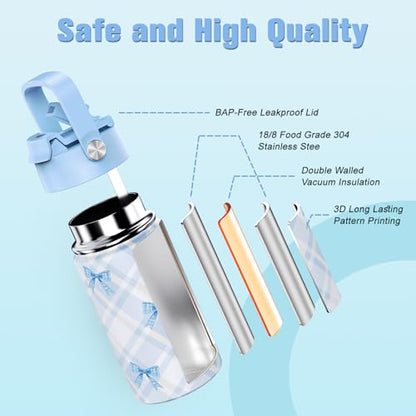 Bevalsa Backpack for Girls, Bow Plaid Bookpack with 14oz Insulated Water Bottle, Lunch Bag & Pen Case, Schoolbag for Kids & BPA-FREE Stainless Steel Metal Cup for Elementary Middle Student (Blue) - color: Blue Plaid