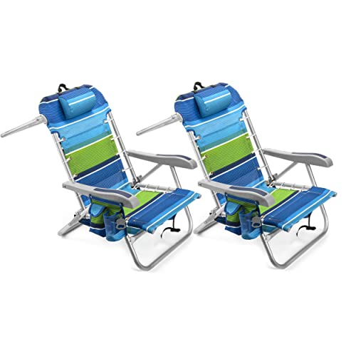 Homevative Cooler+ Folding Backpack Beach Chair with 5 Positions, Towel bar, XL Cooler Pouch, Storage Net, Cup and Phone Holder, Deep Sea, 2 Pack - color: Deep Sea