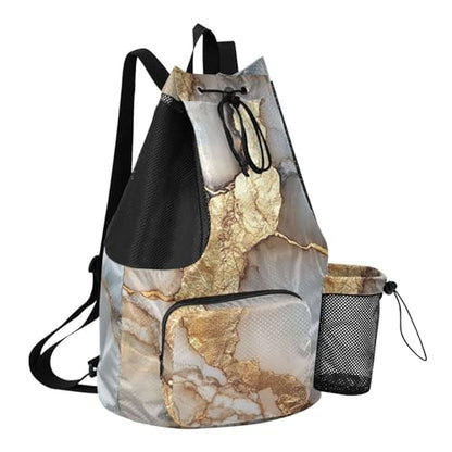 Drawstring Backpacks Gym Sackpack With Water Bottle Pocket String Back Pack Dry Wet Separation Marble White Neutral - color: Color 18