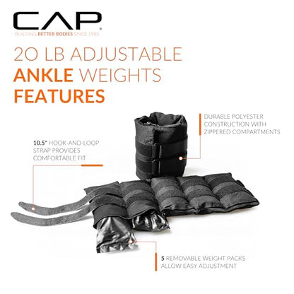 CAP Barbell Adjustable Ankle Weights |10-20lb Pair | Black - size: 20-Pounds