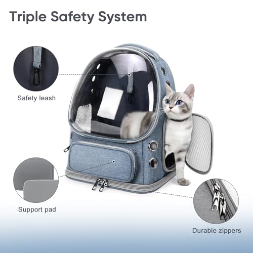 Cat Backpack Carrier, Breathable Cat Bubble Backpack for Kitty & Small Dog, Large Space Cat Carrier Backpack, Foldable Airline Approved Carrier for Trip Vet Travel up to 18lbs（Blue） - color: Blue