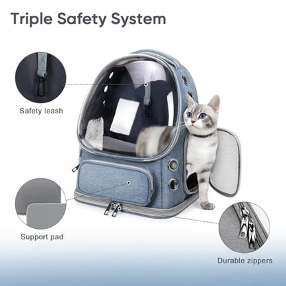 Cat Backpack Carrier, Breathable Cat Bubble Backpack for Kitty & Small Dog, Large Space Cat Carrier Backpack, Foldable Airline Approved Carrier for Trip Vet Travel up to 18lbs（Blue） - color: Blue