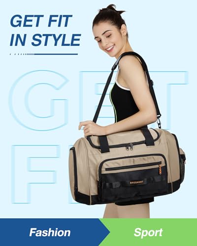 BAGSMART 4-IN-1 Gym Bag for Women Men, TSA Lightweight Duffle Bag for Travel with Shoe Compartment & Wet Pocket, 22L/30L/38L Tactical Backpack with 40oz Water Bottle Holder - color: N-Kakhi