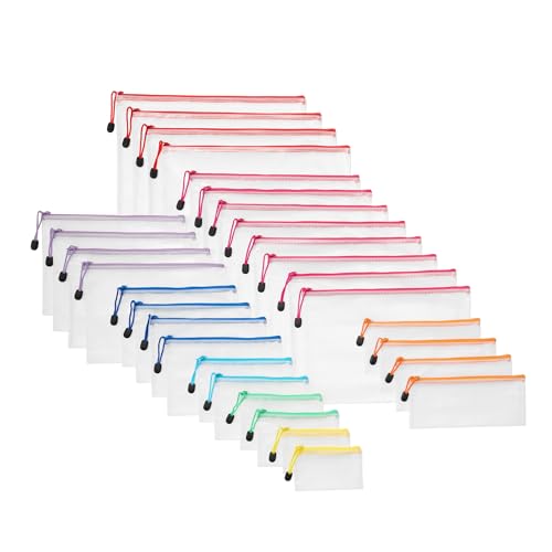Amazon Basics 30-Pack Mesh Zipper Pouch Bags, 8 Sizes Assorted Colors Storage Organizers, Multipurpose Clear Travel Document Bags for Office Home School Organization