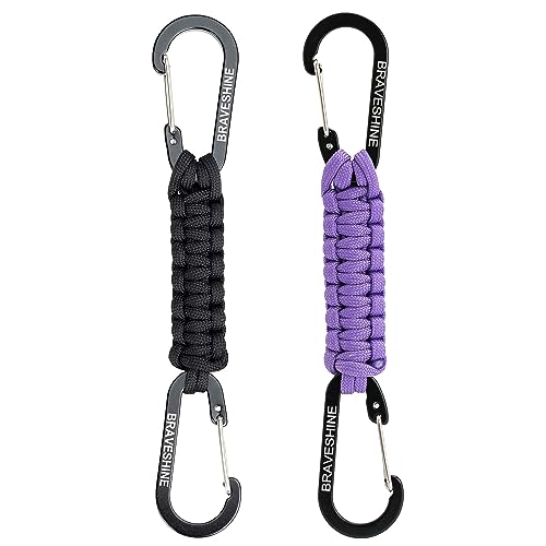 BRAVESHINE Paracord Keychain Carabiner Clip, D Ring Lanyard Hanger Stroller Hook for Water Bottle, Key, Backpacks, Men, Women - color: 1 Black 1 Purple