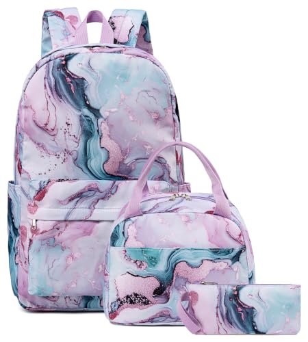 Bluboon Teens Backpack Set Girls School Backpack Lunch Box Pencil Bags Student Bookbags 3 in 1 (Green Marble) - color: Green Marble