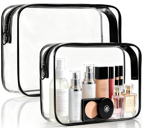 Clear Makeup Bag, 2 Pack TSA Approved Toiletry Bag for Travel Size Toiletries, Quart Size Clear Cosmetic Organizer bag for Women Men, Carry on Airport Airline Compliant Bag(Black-2pcs)