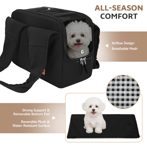 Dog Purse Carrier for Small Dogs and Cats, Soft-Sided Pet Tote Bag with 6 Large Pockets, Collapsible Travel Puppy Carrier, Fits Pets up to 16 lbs (Black, 17.5" L x 8" W x 12" H) - color: Black, size: 17.5"L x 8.0"W x 12.0"H