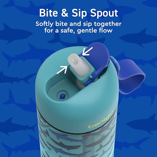 Bentgo Kids Water Bottle - Leak-Proof, Durable Tritan PFAS- & BPA-Free 15 fl oz, Kids/Toddlers Ages 3+ for School & Sports; Bite & Sip Spout, Carrying Handle, Dishwasher Safe (Sharks) - color: Shark