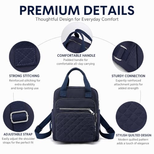 Small Backpack for Women Casual Quilted Square Bag Waterproof Multi Pockets Daypack Lightweight Top Handle Satchel - color: Dark Blue