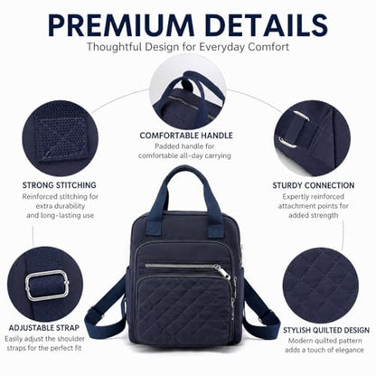 Small Backpack for Women Casual Quilted Square Bag Waterproof Multi Pockets Daypack Lightweight Top Handle Satchel - color: Dark Blue