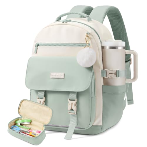 LOVEVOOK School Backpack for Teen Girls, 14-18 Casual Large Capacity Student Laptop Backpack with Pencil Case, 15.6 Inch Bookbag for College, Middle & High School, Gift for Girls - color: Beige and Green, size: 15.6 inche- 2Pcs