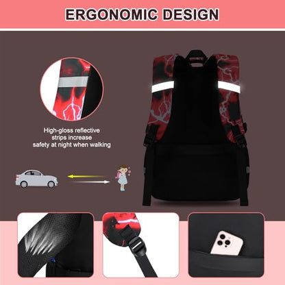 3PCS School Backpack for Boys, Cool Gamer Boys Backpack with Lunch Box and Pencil Case for Kids Kindergarten Teens Elementary Middle School Bag with Convenient Charging Port,Gaming Bookbag Waterproof - color: Red Lightning