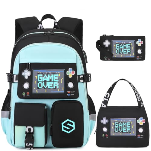 Scothen Boys Backpack, Cool Luminous School Backpacks for Boys with Lunch Bag Pencil Case, Kids Backpack Kindergarten Elementary Middle School Book Bags for Teen Boy Children with USB Charging Port - color: Green