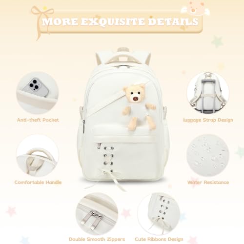 ACESAK School Backpack for Girls - 3 PCS Cute Girls Backpack with Lunch Box & Pencil Case - Kawaii Casual Kids Bookbag School Bag Daypacks Set for Elementary Middle High School Student Teens (Beige) - color: Beige