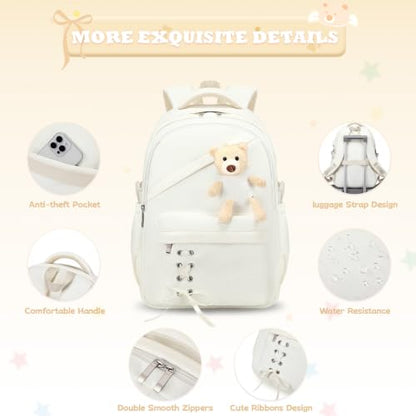 ACESAK School Backpack for Girls - 3 PCS Cute Girls Backpack with Lunch Box & Pencil Case - Kawaii Casual Kids Bookbag School Bag Daypacks Set for Elementary Middle High School Student Teens (Beige) - color: Beige