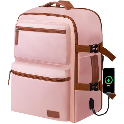 Expandable Travel Backpack Women Men with USB Charging Port, 15.6 Inch Laptop Backpack Waterproof Carry on Flight Approved for Travel Work Hiking College, Pink - color: Pink