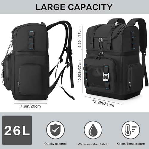 Large Waterproof Insulated Cooler Backpack for Men & Women, Double Decker Leak Proof Cooler Backpack for Beach, Camping, Picnic, Travel, 26L, 44Cans - color: Black