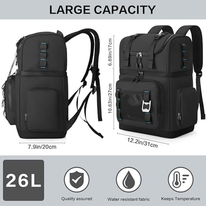 Large Waterproof Insulated Cooler Backpack for Men & Women, Double Decker Leak Proof Cooler Backpack for Beach, Camping, Picnic, Travel, 26L, 44Cans - color: Black