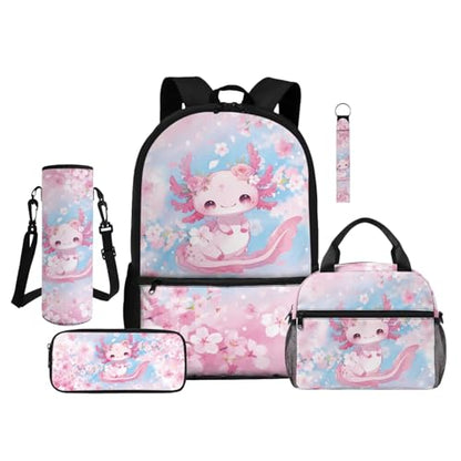 ZDCUSTOM Axolotl Backpack Set for Girls Bookbags with Lunch Box and Pencil Case, Large Capacity Elementary School Backpack for Girls Water Bottle Holder Keychain, Kids Schoolbags Sets 5-Pieces - color: Floral Axolotl