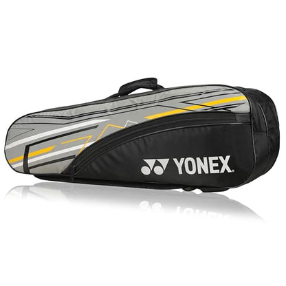 Yonex Stylish Badminton Kit-Bag |Double Zipper Compartment for Storage of 6 Rackets and Clothes|Side Pocket |Back Straps |Accessories Compartment |Made in India - color: BLACK GREY DARK YELLOW