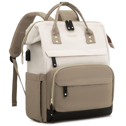 LOVEVOOK Laptop Backpack for Women, 15.6 Inch Work Business Backpacks Purse With Large Capacity, Waterproof Nurse Bag College Bookbag for School, Waterproof Casual Daypack for Travel - color: White-khaki, size: 15.6 INCH