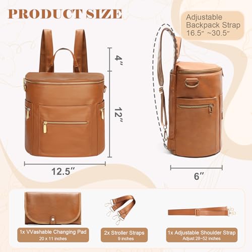 miss fong Diaper Bag Backpack Baby Diaper Bag, Large Leather Diaper Backpack with 16 Pockets Travel Diaper Bag with Diaper Changing Pad, Stroller Straps & 2 Insulated Pockets (Regular, Cognac) - color: Cognac