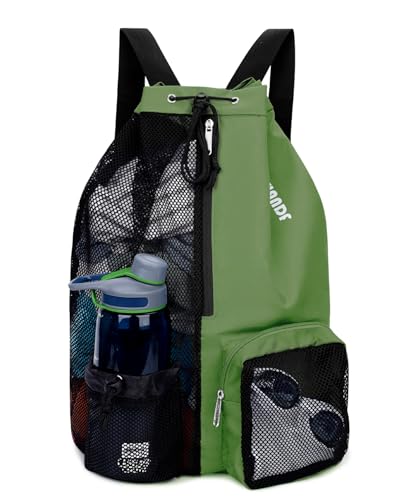 WANDF Swim Bag Mesh Drawstring Backpack with Wet Pocket for Swimming, Gym, and Workout Gear - color: Dark Green, size: Large