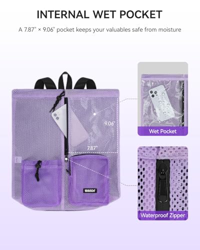 WANDF Swim Bag for Swimmers, Mesh Beach Backpack - color: Light Purple With 2 Front Pockets, size: Large