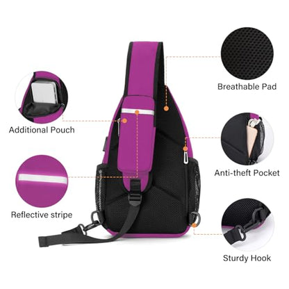 MOSISO Sling Backpack Bag, Crossbody Shoulder Bag Travel Hiking Daypack Chest Bag with Front Square Pocket&USB Charging Port - color: Rose Red
