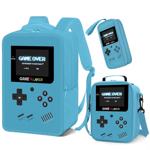School Backpack for Boys,3pcs Gamer Boys Backpack with Lunch Box Set for Kids Children Teens Elementary Middle School,17" Large Capacity Student Bookbag & Multifunctional Video Game Travel Bag - color: Mint Blue-backpack Set