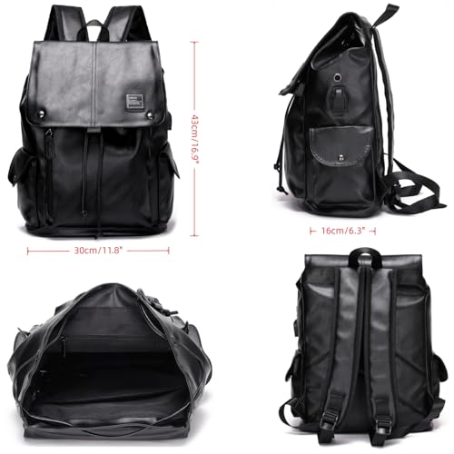 Soft leather backpack, casual PU backpack men women. USB charging port. Suitable for work, commuting, traveling, etc. Waterproof. (Black) - color: Black