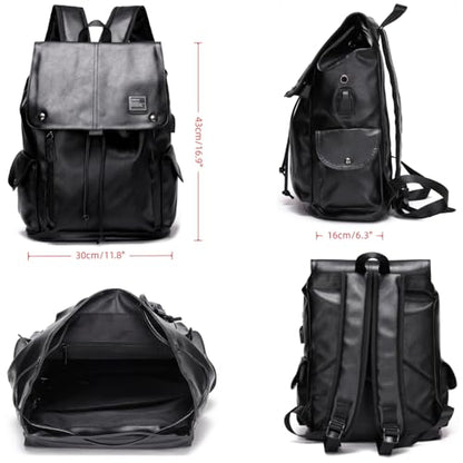 Soft leather backpack, casual PU backpack men women. USB charging port. Suitable for work, commuting, traveling, etc. Waterproof. (Black) - color: Black
