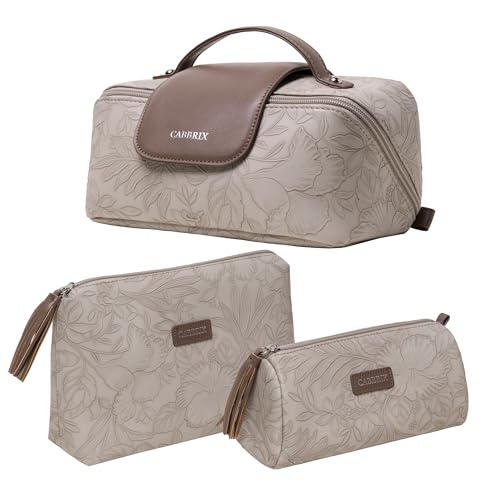Cabbrix Travel Makeup Bag, Extra Large Capacity 3 Pcs Set Cosmetic Bag for Women, Waterproof PU Leather, Flat Open Portable Toiletry Bag for Skincare, Brushes & Travel Essentials (Apricot) - color: Apricot