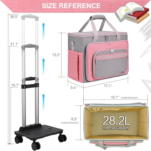 Rolling Teacher Bag With Wheels, Tote Organizer With Detachable Trolley - color: pink, size: 5 Wheels