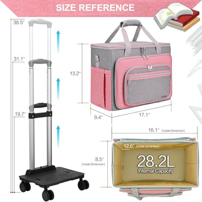 Rolling Teacher Bag With Wheels, Tote Organizer With Detachable Trolley - color: pink, size: 5 Wheels