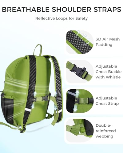 ECOHUB 15L Ultra-Lightweight Packable Backpack, Casual Daypack for Daily Use, Small Hiking & Travel, Foldable Backpack, Water-Resistant Nylon, Reflective Design - color: Green