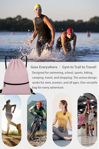 Water-Resistant String Bag for Women Men with Shoes Compartment and Zippered Pocket for Soccer, Basketball, Swim (Pink, 16.5 * 19 inches) - color: Pink