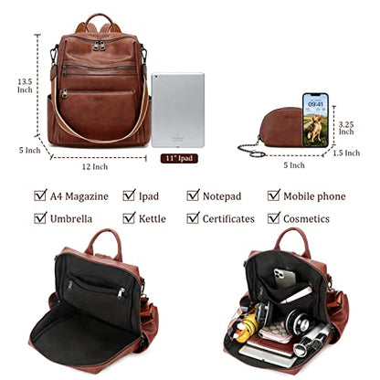 AGLOD Leather Backpack Purse for Women Designer Ladies Shoulder Bag Fashion Faux Work Travel Handbags - color: Dark Brown