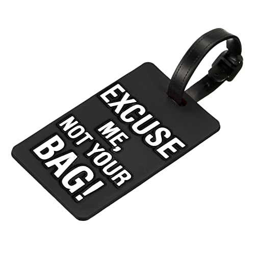 MECCANIXITY Luggage Tag, PVC Identifier Card Holder Label, Excuse Me, Not Your Bag Pattern Travel Bag Tag with Adjustable Strap for Baggage Suitcase, Black - color: Black